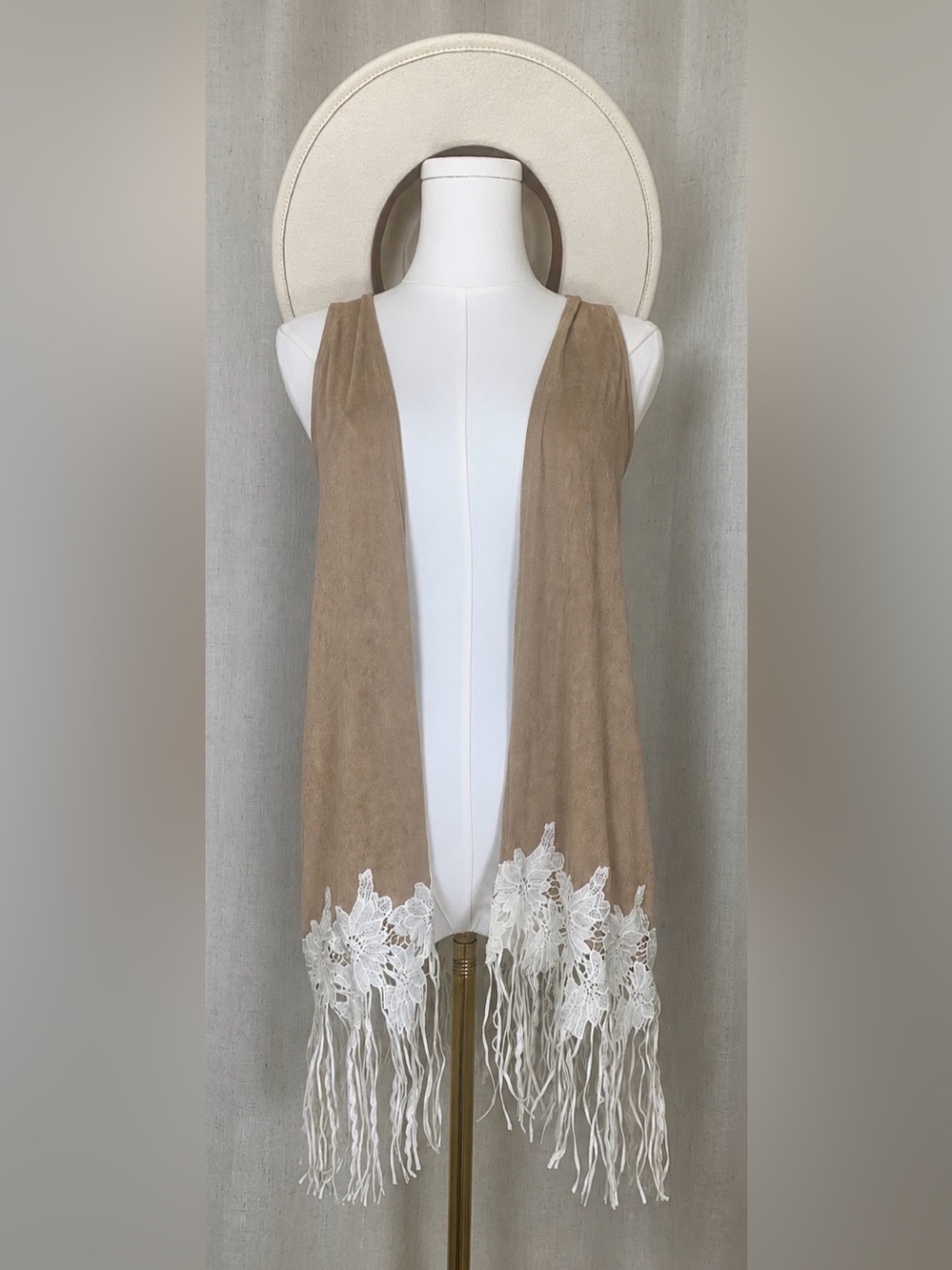 Red Camel Faux Suede Fringe Vest | Beige | Boho Western Lace Open Front Layering